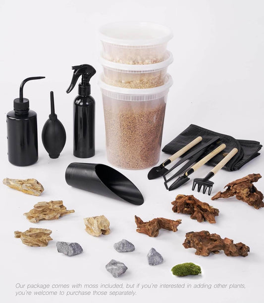 IcaLumen Terrarium Refill & Tool Kit – Complete Set with Moss, Soil, Stones, and Tools for Refreshing or Expanding Terrariums