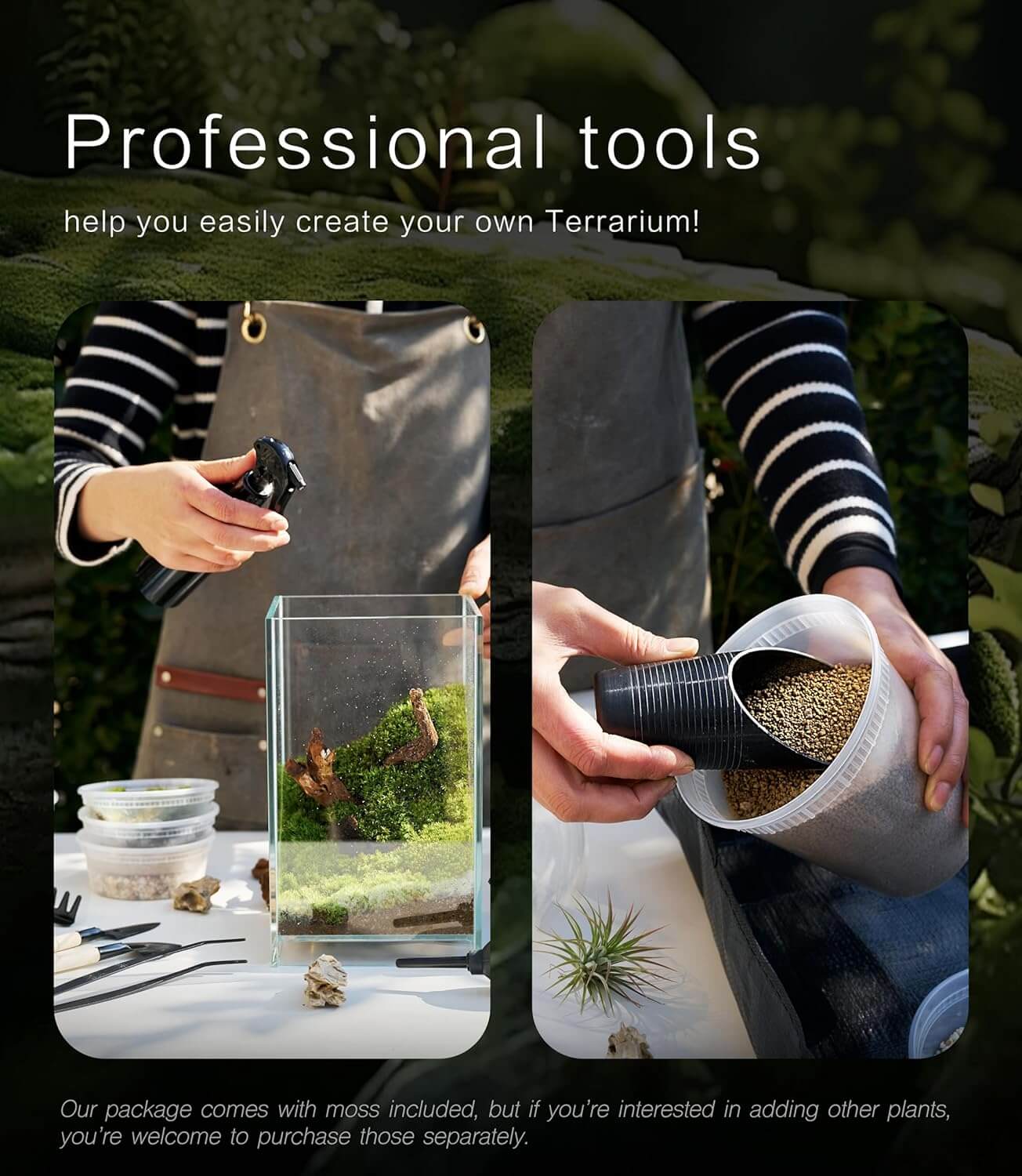 IcaLumen Terrarium Refill & Tool Kit – Complete Set with Moss, Soil, Stones, and Tools for Refreshing or Expanding Terrariums